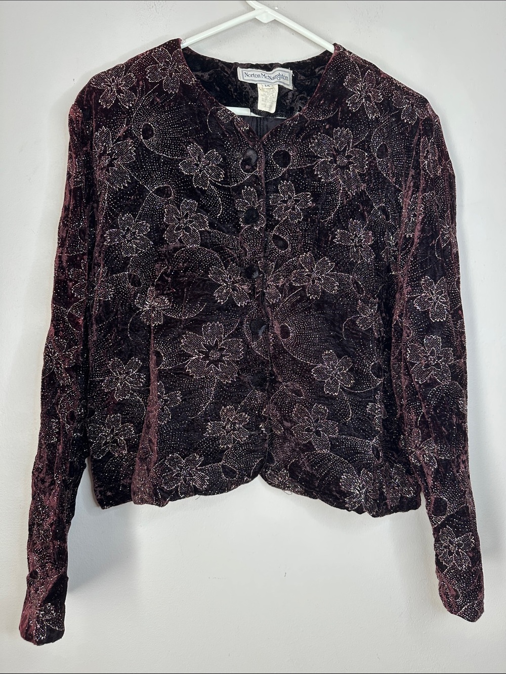 Norton McNaughton Deep Plum Velvet Floral Rhinestone Button-Front Jacket size 14